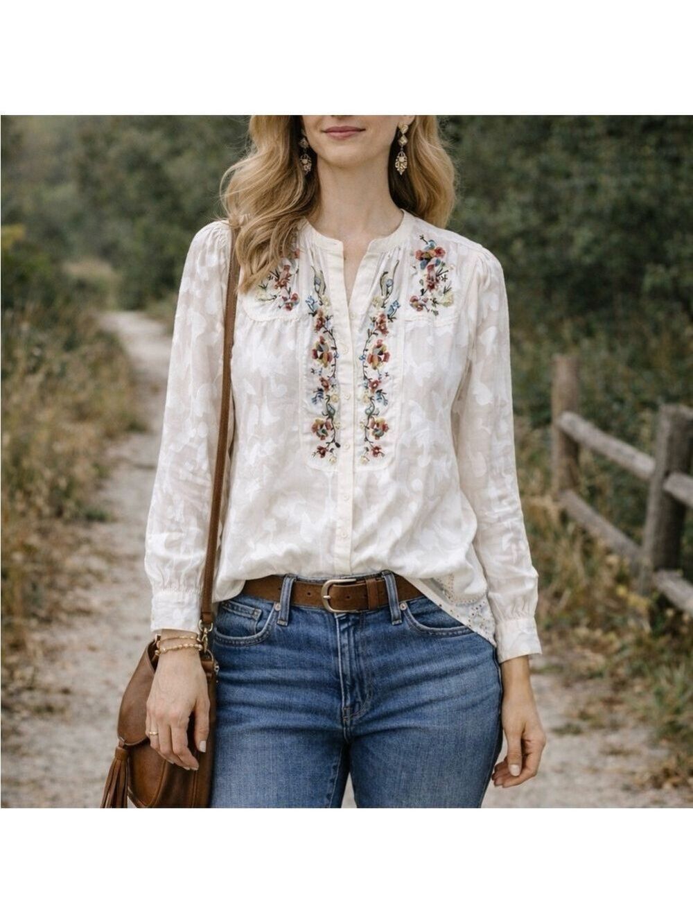 RARE Robert Graham White Burnout Embroidered Feminine Puff Shoulder Shirt large